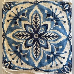 Vintage Delft Blue Tile Pattern Crewel Embroidery on Woven Fabric (Unframed)